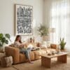 04 - San Diego City Art - Pencil Style Canvas Art Print with natural Floater Frame - Women knitting on couch with cat - Vertical .jpg