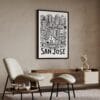 04 - San Jose City Art - Pencil Style Art Print with Black Frame in Japandi Living Room - Vertical.jpg