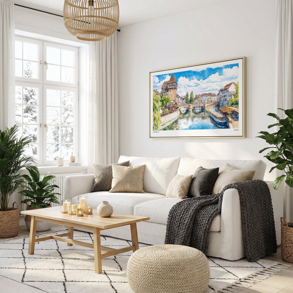 04 - Strasbourg Watercolor - Horizontal Canvas Print with Natural Floater Frame in modern Scandi Living Room.jpg 04 - Strasbourg Watercolor - Horizontal Canvas Print with Natural Floater Frame in modern Scandi Living Room.jpg