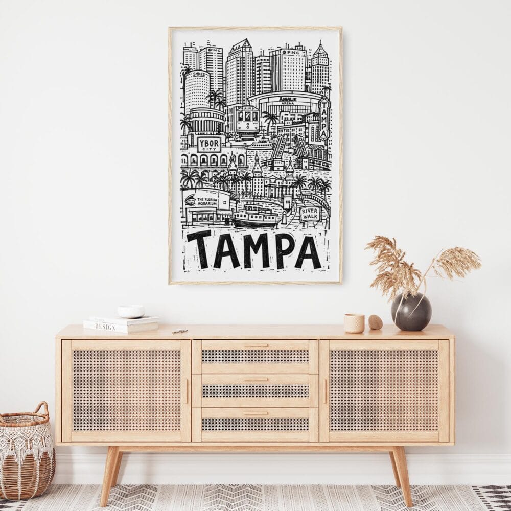 04 - Tampa City Art - Pencil Style Art Print Hanging above Shelf - Vertical.jpg 04 - Tampa City Art - Pencil Style Art Print Hanging above Shelf - Vertical.jpg