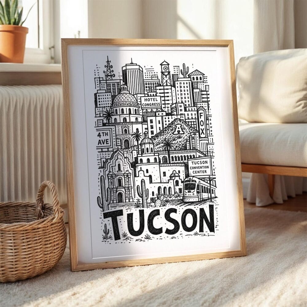 04 - Tucson City Art - Pencil Style Art Print with Natural Wood Frame on floor - Vertical.jpg 04 - Tucson City Art - Pencil Style Art Print with Natural Wood Frame on floor - Vertical.jpg