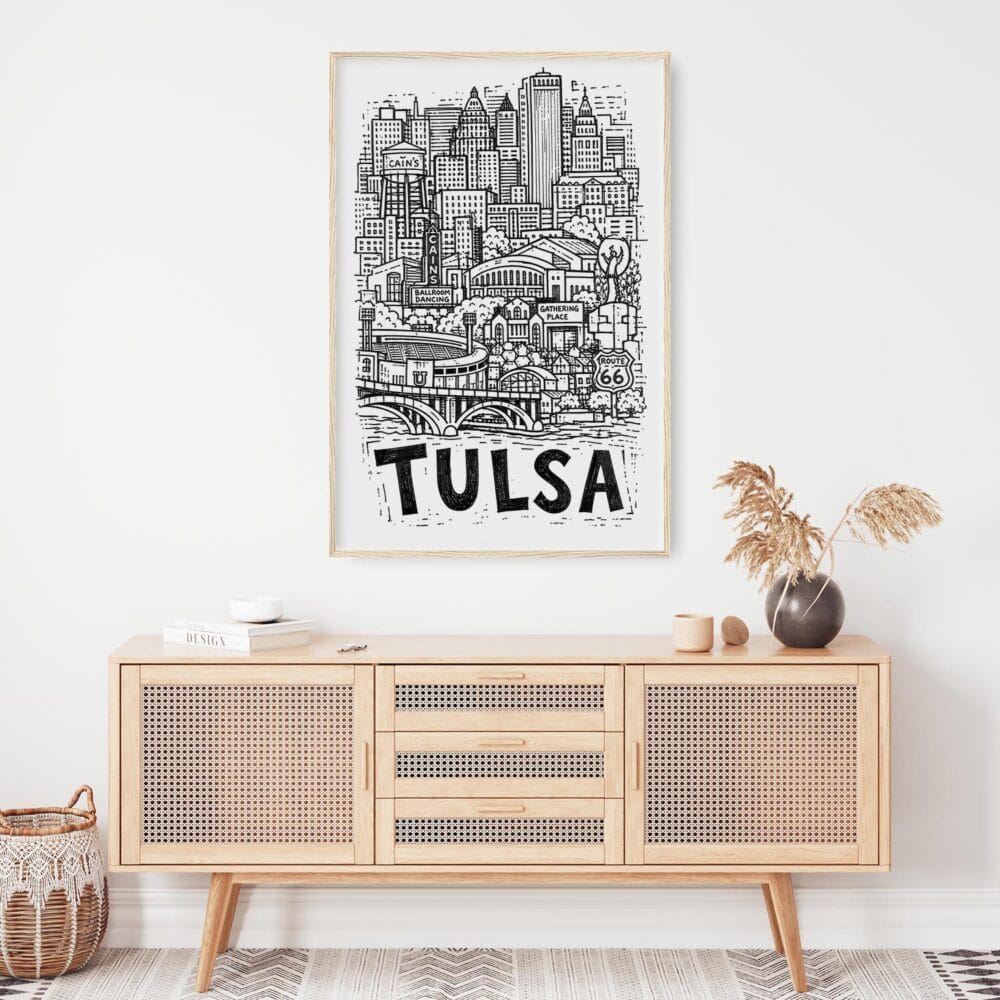 04 - Tulsa City Art - Pencil Style Art Print Hanging above Shelf - Vertical.jpg 04 - Tulsa City Art - Pencil Style Art Print Hanging above Shelf - Vertical.jpg