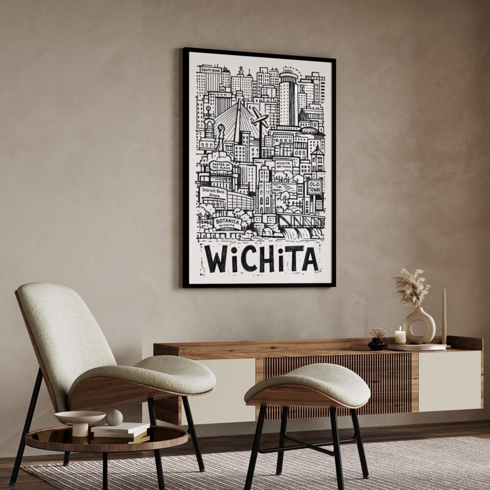04 - Wichita City Art - Pencil Style Art Print with Black Frame in Japandi Living Room - Vertical.jpg 04 - Wichita City Art - Pencil Style Art Print with Black Frame in Japandi Living Room - Vertical.jpg
