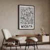 04 - Wichita City Art - Pencil Style Art Print with Black Frame in Japandi Living Room - Vertical.jpg