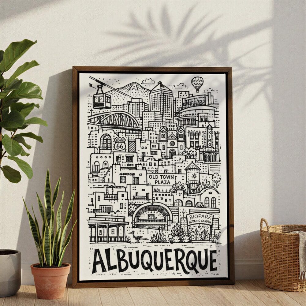 05 - Albuquerque City Art - Pencil Style Canvas Print with Brown Floater Frame - Standing on Floor - Vertical.jpg 05 - Albuquerque City Art - Pencil Style Canvas Print with Brown Floater Frame - Standing on Floor - Vertical.jpg