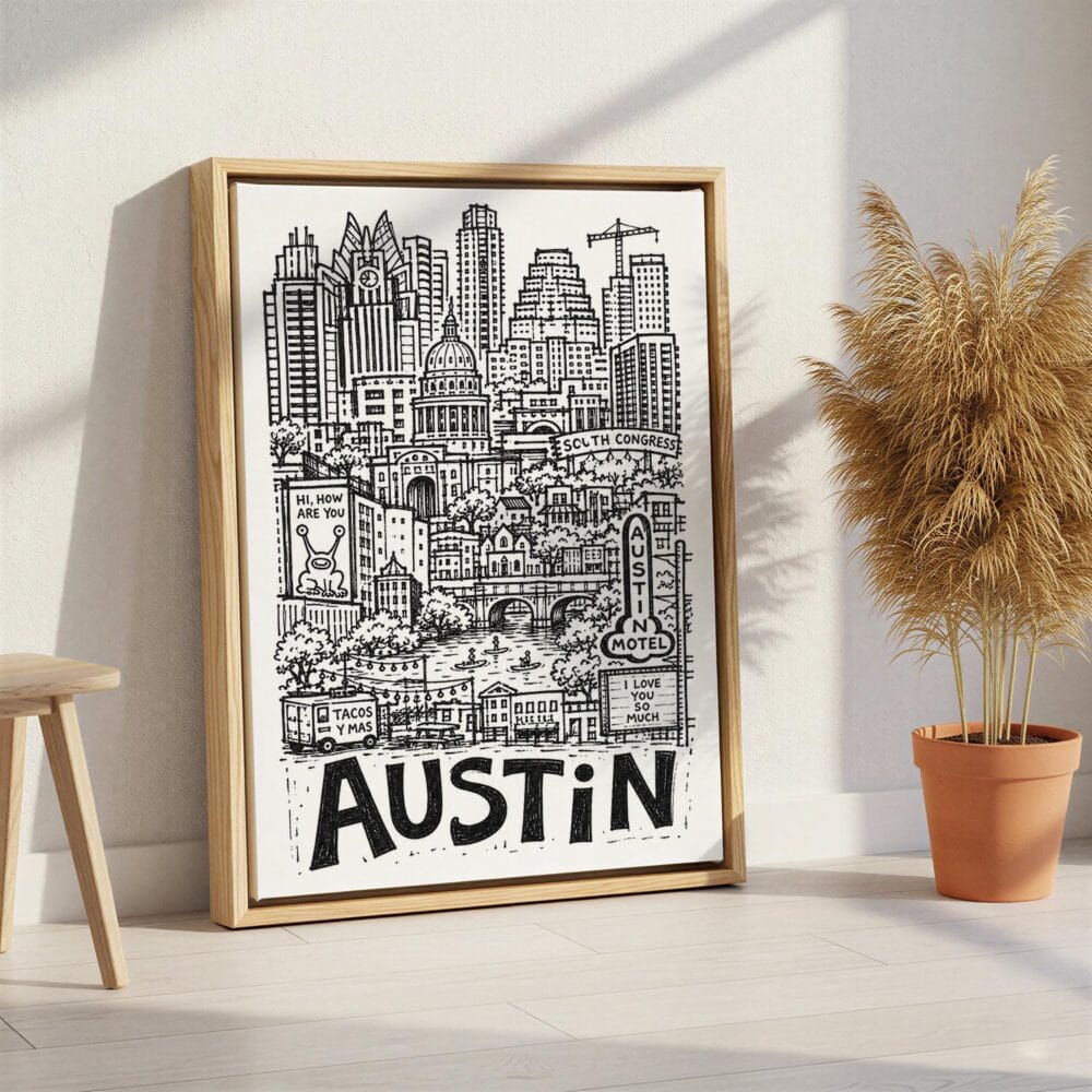 05 - Austin City Art - Pencil Style Canvas Print with Natural Floater Frame - Standing on Floor - Vertical.jpg 05 - Austin City Art - Pencil Style Canvas Print with Natural Floater Frame - Standing on Floor - Vertical.jpg