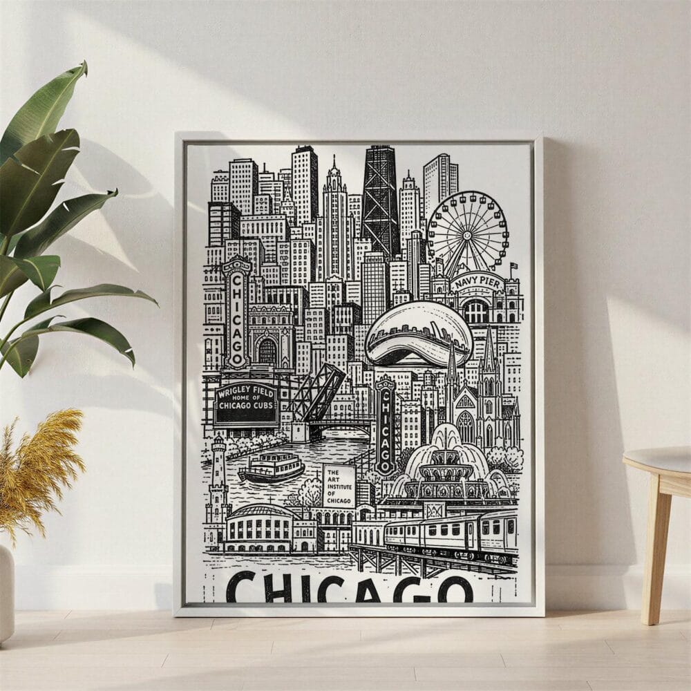05 - Chicago City Art - Pencil Style Canvas Print with White Floater Frame - Standing on Floor - Vertical.jpg 05 - Chicago City Art - Pencil Style Canvas Print with White Floater Frame - Standing on Floor - Vertical.jpg