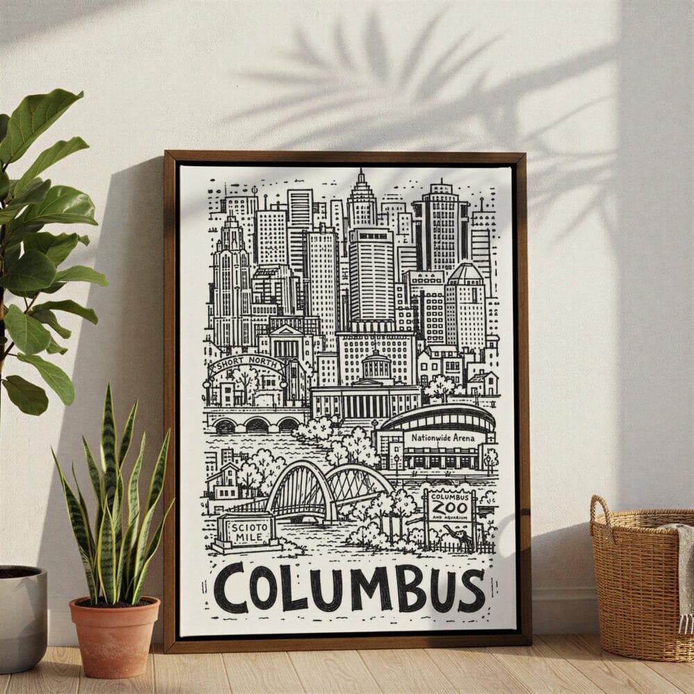 05 - Columbus City Art - Pencil Style Canvas Print with Brown Floater Frame - Standing on Floor - Vertical.jpg 05 - Columbus City Art - Pencil Style Canvas Print with Brown Floater Frame - Standing on Floor - Vertical.jpg