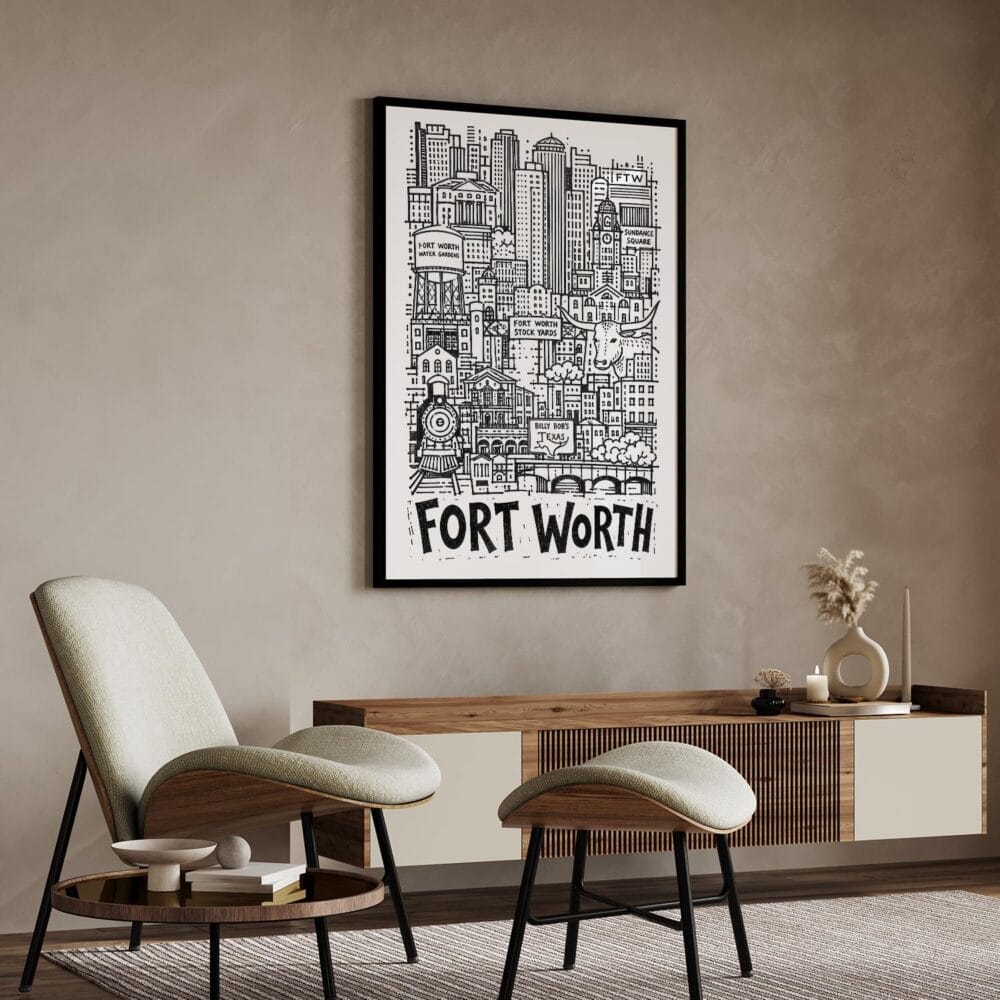 05 - Fort Worth City Art - Pencil Style Art Print with Black Frame in Japandi Living Room - Vertical.jpg 05 - Fort Worth City Art - Pencil Style Art Print with Black Frame in Japandi Living Room - Vertical.jpg