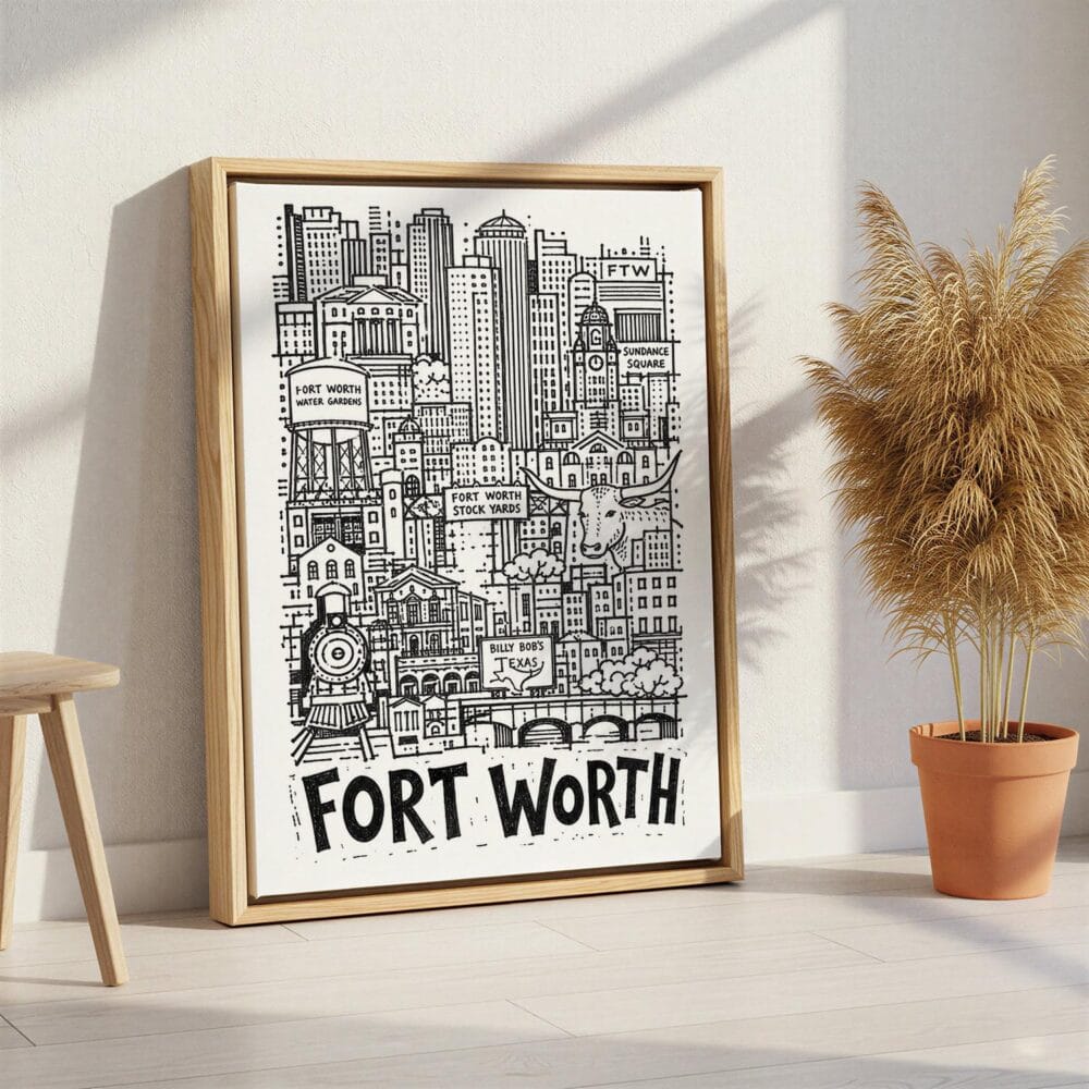 05 - Fort Worth City Art - Pencil Style Canvas Print with Natural Floater Frame - Standing on Floor - Vertical.jpg 05 - Fort Worth City Art - Pencil Style Canvas Print with Natural Floater Frame - Standing on Floor - Vertical.jpg