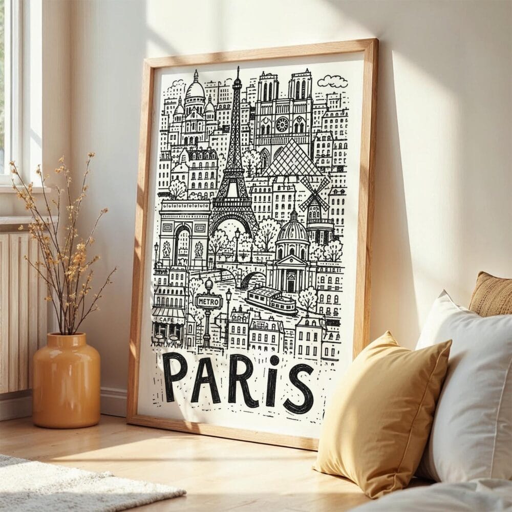 05 - Frame Paris City Art - Pencil Style art print leaning against wall on floor - Vertical.jpg 05 - Frame Paris City Art - Pencil Style art print leaning against wall on floor - Vertical.jpg
