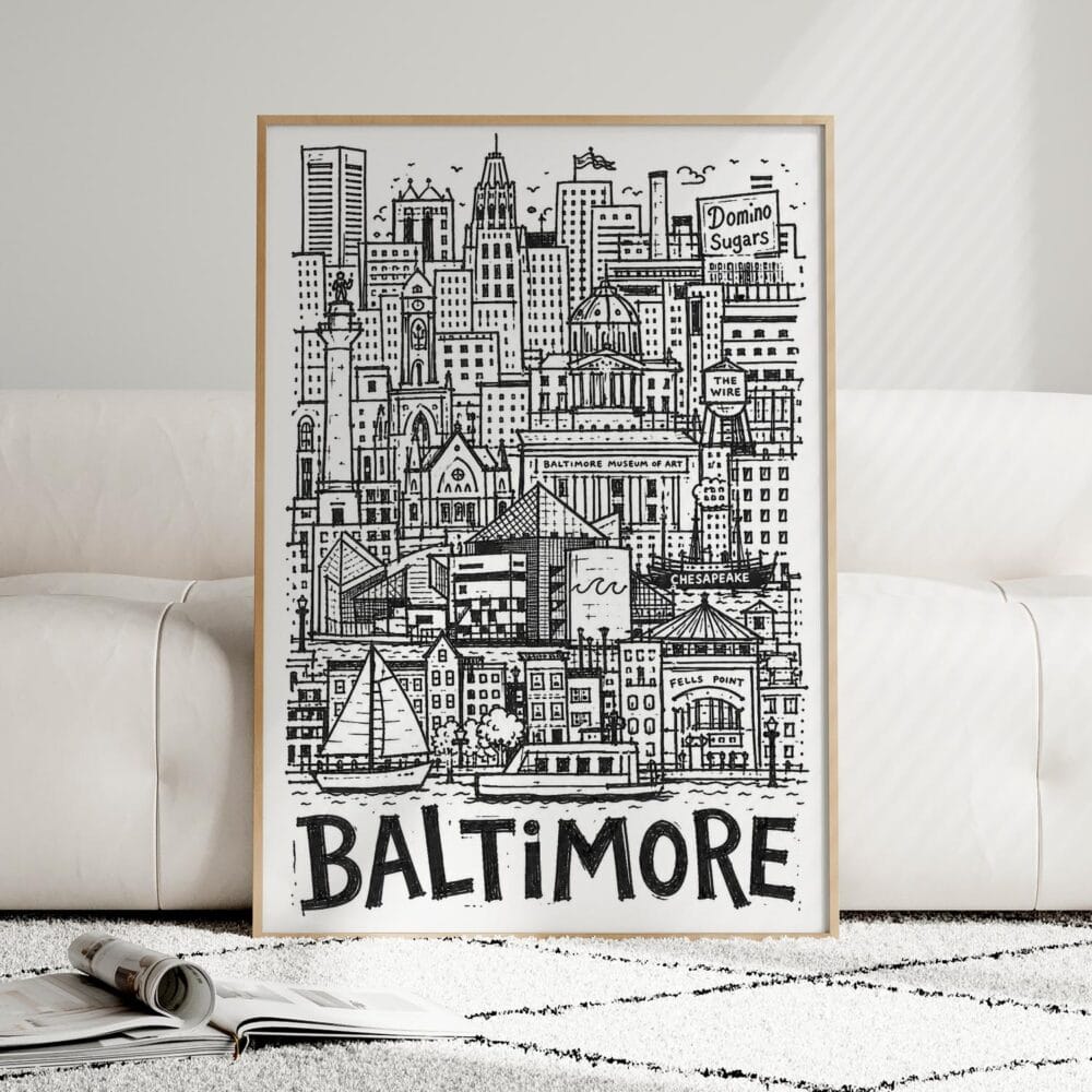 05 - Framed Baltimore City Art - Pencil Style Art Print leaning against couch - Vertical.jpg 05 - Framed Baltimore City Art - Pencil Style Art Print leaning against couch - Vertical.jpg