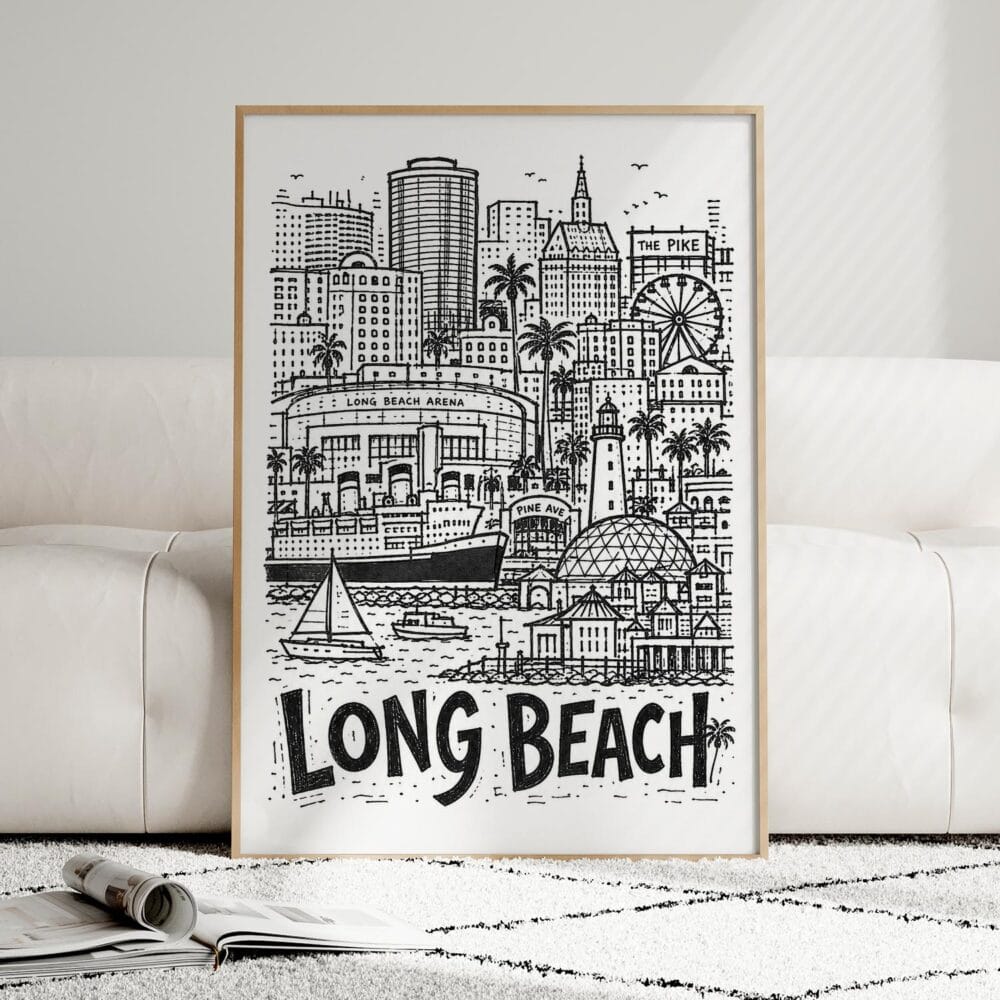 05 - Framed Long Beach City Art - Pencil Style Art Print leaning against couch - Vertical.jpg 05 - Framed Long Beach City Art - Pencil Style Art Print leaning against couch - Vertical.jpg