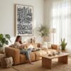 05 - Jacksonville City Art - Pencil Style Canvas Art Print with natural Floater Frame - Women knitting on couch with cat - Vertical .jpg