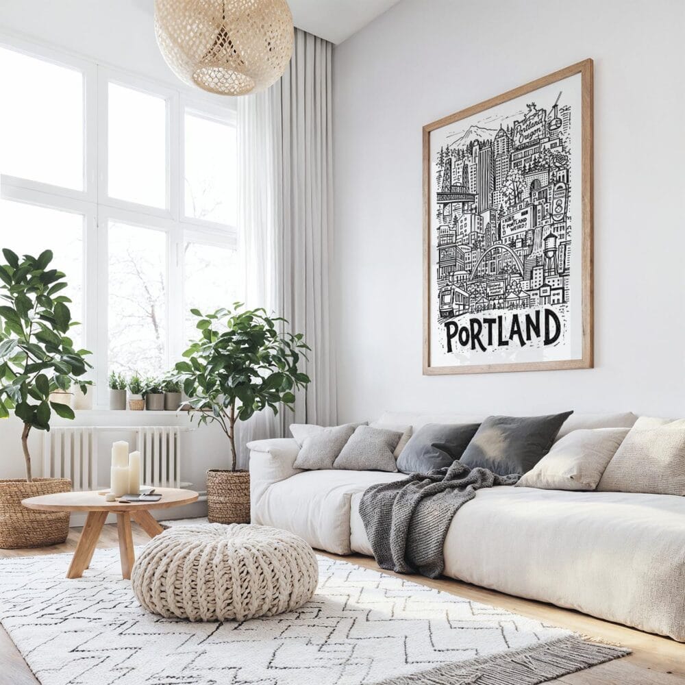05 - Large Portland City Art - Pencil Style Art Print with Wood Frame in Boho Living Room - Vertical.jpg 05 - Large Portland City Art - Pencil Style Art Print with Wood Frame in Boho Living Room - Vertical.jpg