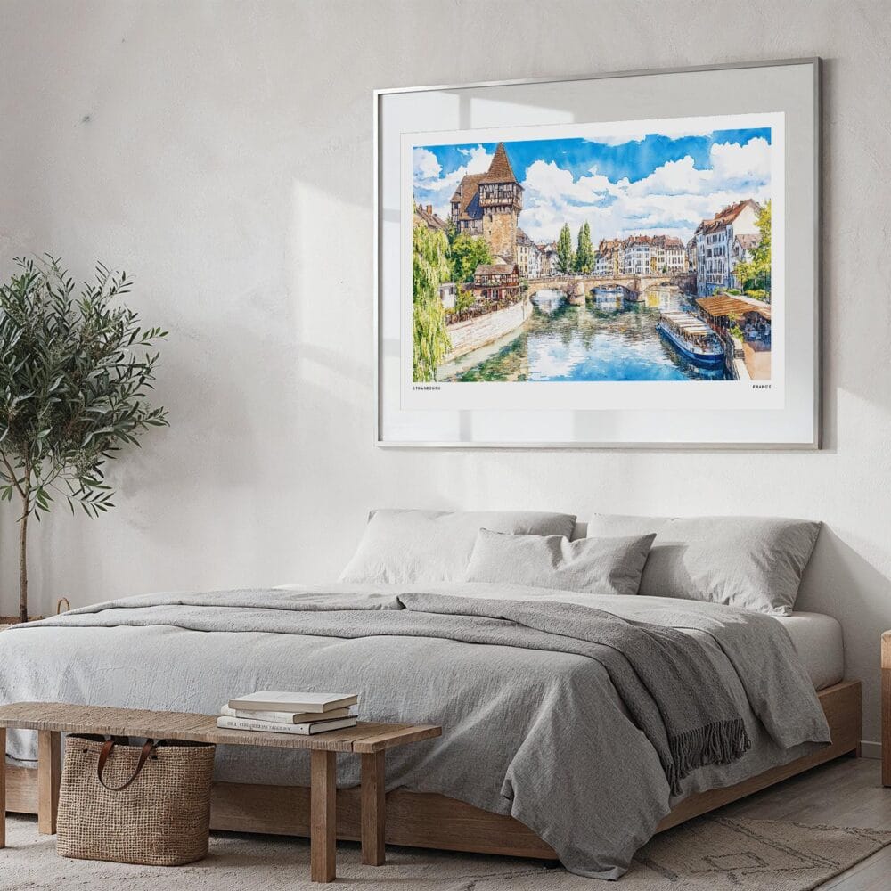 05 - Large Strasbourg Watercolor - Horizontal Art Print in Bedroom with Silver Metal Frame.jpg 05 - Large Strasbourg Watercolor - Horizontal Art Print in Bedroom with Silver Metal Frame.jpg