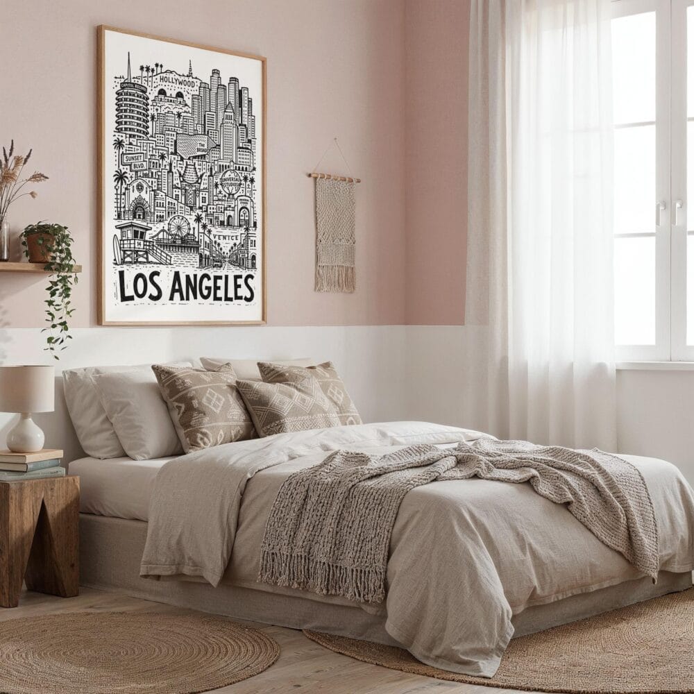 05 - Los Angeles City Art - Pencil Style Art Print in Boho Living Room - Vertical.jpg 05 - Los Angeles City Art - Pencil Style Art Print in Boho Living Room - Vertical.jpg
