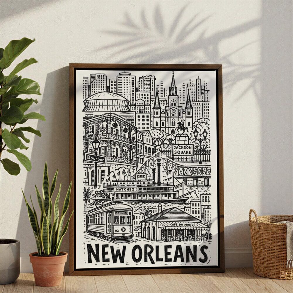 05 - New Orleans City Art - Pencil Style Canvas Print with Brown Floater Frame - Standing on Floor - Vertical.jpg 05 - New Orleans City Art - Pencil Style Canvas Print with Brown Floater Frame - Standing on Floor - Vertical.jpg