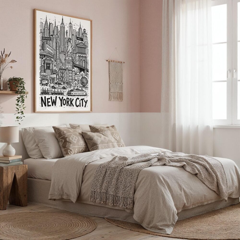 05 - New York City Art - Pencil Style Art Print in Boho Living Room - Vertical.jpg 05 - New York City Art - Pencil Style Art Print in Boho Living Room - Vertical.jpg