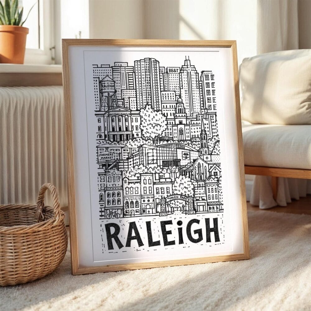 05 - Raleigh City Art - Pencil Style Art Print with Natural Wood Frame on floor - Vertical.jpg 05 - Raleigh City Art - Pencil Style Art Print with Natural Wood Frame on floor - Vertical.jpg