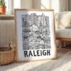 05 - Raleigh City Art - Pencil Style Art Print with Natural Wood Frame on floor - Vertical.jpg