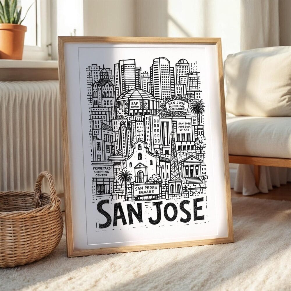 05 - San Jose City Art - Pencil Style Art Print with Natural Wood Frame on floor - Vertical.jpg 05 - San Jose City Art - Pencil Style Art Print with Natural Wood Frame on floor - Vertical.jpg