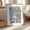 05 - San Jose City Art - Pencil Style Art Print with Natural Wood Frame on floor - Vertical.jpg