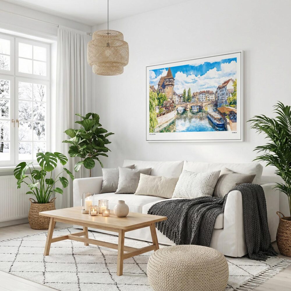 05 - Strasbourg Watercolor - Horizontal Canvas Print with White Floater Frame in modern Scandi Living Room.jpg 05 - Strasbourg Watercolor - Horizontal Canvas Print with White Floater Frame in modern Scandi Living Room.jpg