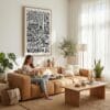 05 - Washington DC City Art - Pencil Style Canvas Art Print with natural Floater Frame - Women knitting on couch with cat - Vertical .jpg