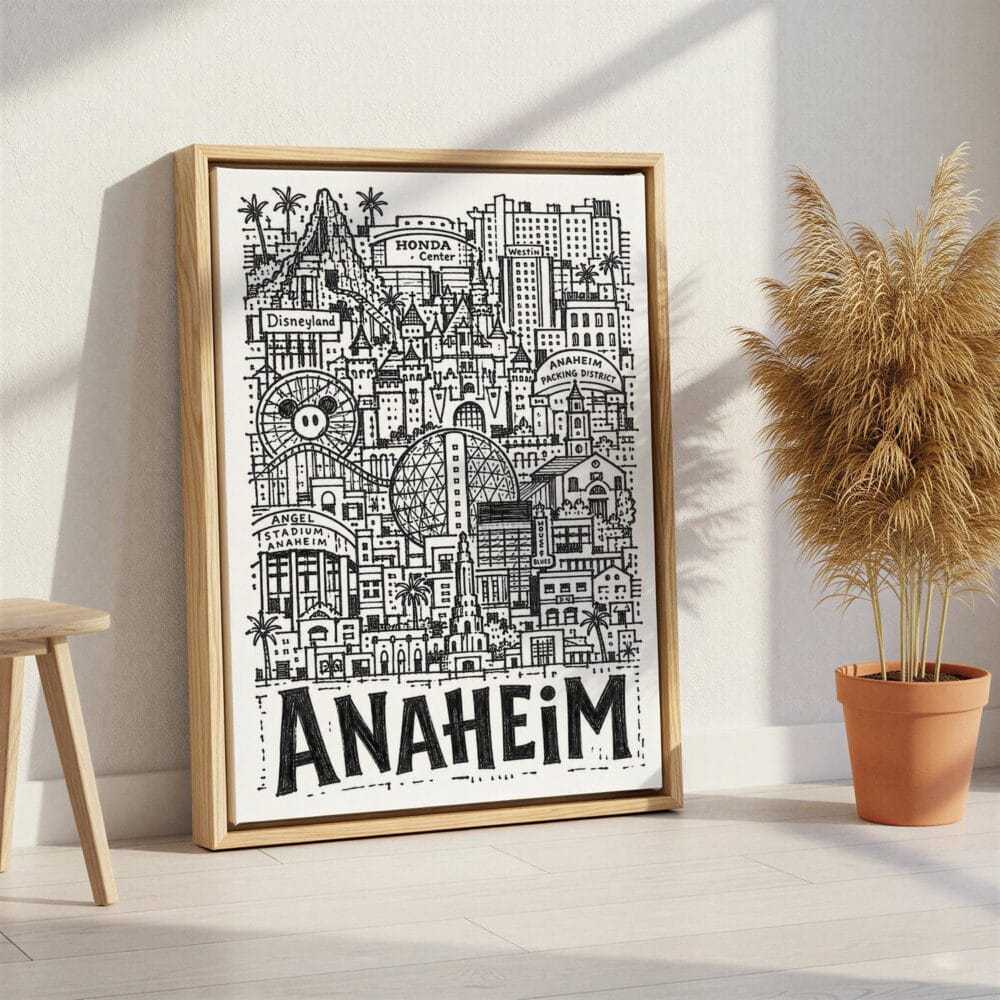 06 - Anaheim City Art - Pencil Style Canvas Print with Natural Floater Frame - Standing on Floor - Vertical.jpg 06 - Anaheim City Art - Pencil Style Canvas Print with Natural Floater Frame - Standing on Floor - Vertical.jpg