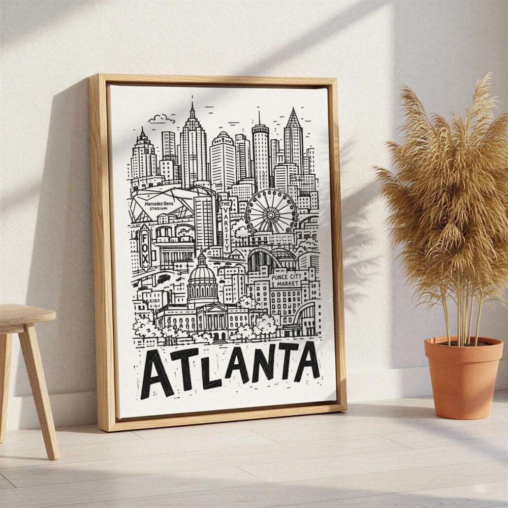 06 - Atlanta City Art - Pencil Style Canvas Print with Natural Floater Frame - Standing on Floor - Vertical.jpg 06 - Atlanta City Art - Pencil Style Canvas Print with Natural Floater Frame - Standing on Floor - Vertical.jpg