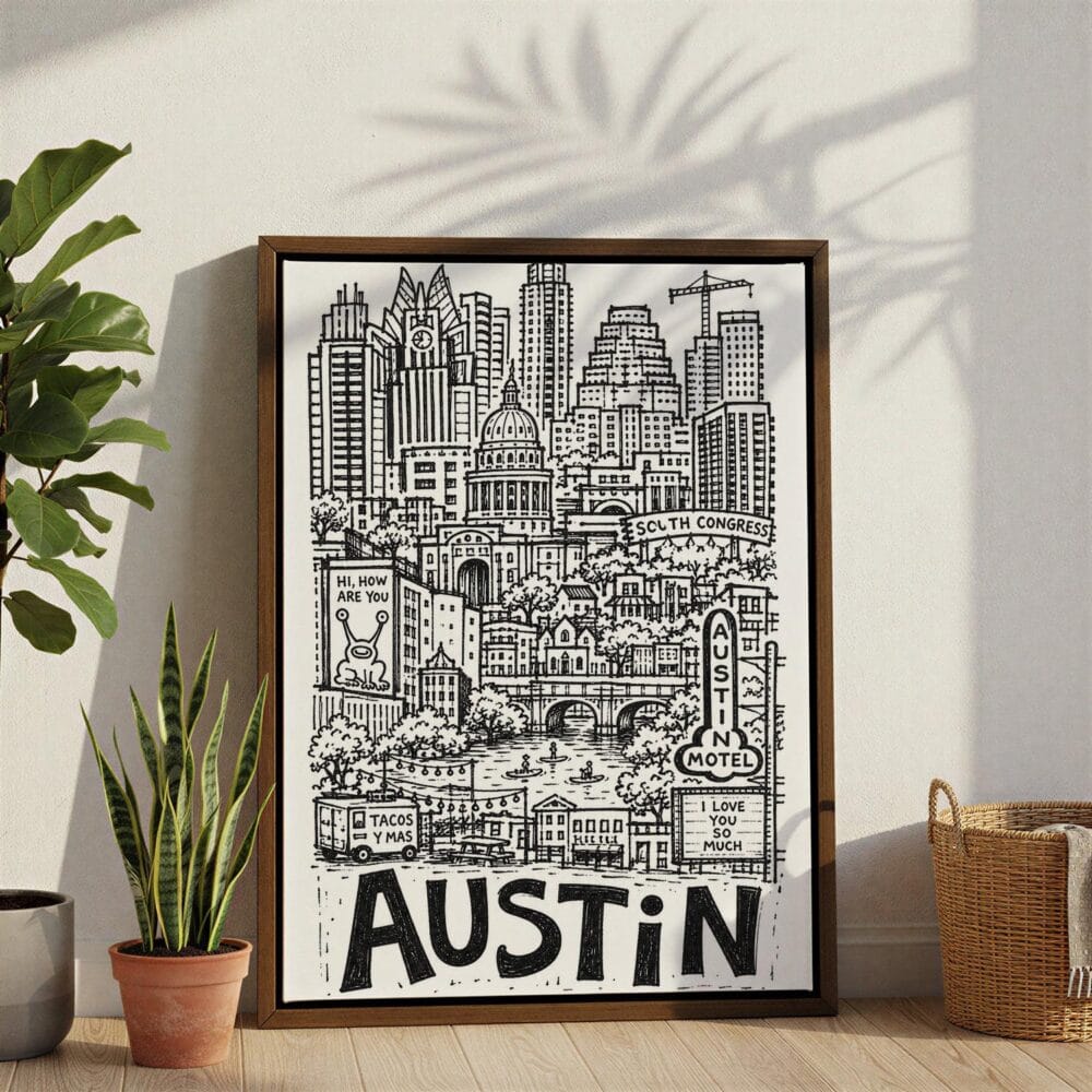 06 - Austin City Art - Pencil Style Canvas Print with Brown Floater Frame - Standing on Floor - Vertical.jpg 06 - Austin City Art - Pencil Style Canvas Print with Brown Floater Frame - Standing on Floor - Vertical.jpg