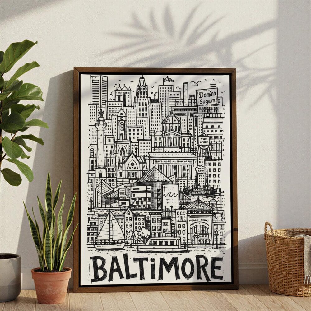06 - Baltimore City Art - Pencil Style Canvas Print with Brown Floater Frame - Standing on Floor - Vertical.jpg 06 - Baltimore City Art - Pencil Style Canvas Print with Brown Floater Frame - Standing on Floor - Vertical.jpg