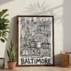 06 - Baltimore City Art - Pencil Style Canvas Print with Brown Floater Frame - Standing on Floor - Vertical.jpg