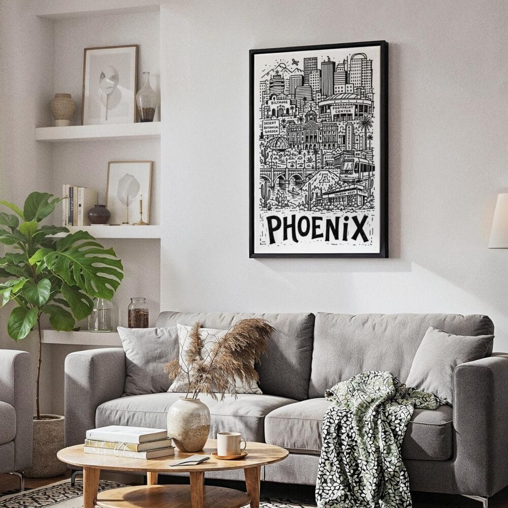 06 - Black Framed Phoenix City Art - Pencil Style Canvas Print - Skandinavian Living Room - Vertical.jpg 06 - Black Framed Phoenix City Art - Pencil Style Canvas Print - Skandinavian Living Room - Vertical.jpg