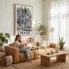 06 - Chicago City Art - Pencil Style Canvas Art Print with natural Floater Frame - Women knitting on couch with cat - Vertical .jpg