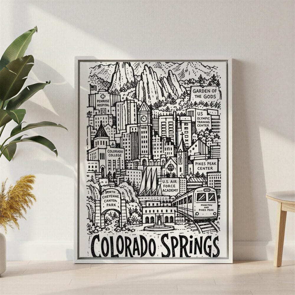 06 - Colorado Springs City Art - Pencil Style Canvas Print with White Floater Frame - Standing on Floor - Vertical.jpg 06 - Colorado Springs City Art - Pencil Style Canvas Print with White Floater Frame - Standing on Floor - Vertical.jpg