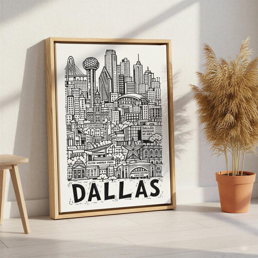 06 - Dallas City Art - Pencil Style Canvas Print with Natural Floater Frame - Standing on Floor - Vertical.jpg 06 - Dallas City Art - Pencil Style Canvas Print with Natural Floater Frame - Standing on Floor - Vertical.jpg