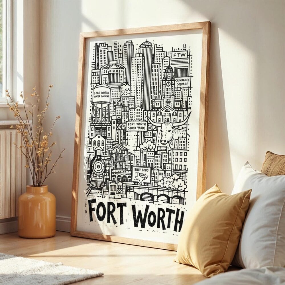 06 - Frame Fort Worth City Art - Pencil Style art print leaning against wall on floor - Vertical.jpg 06 - Frame Fort Worth City Art - Pencil Style art print leaning against wall on floor - Vertical.jpg
