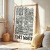06 - Frame Fort Worth City Art - Pencil Style art print leaning against wall on floor - Vertical.jpg