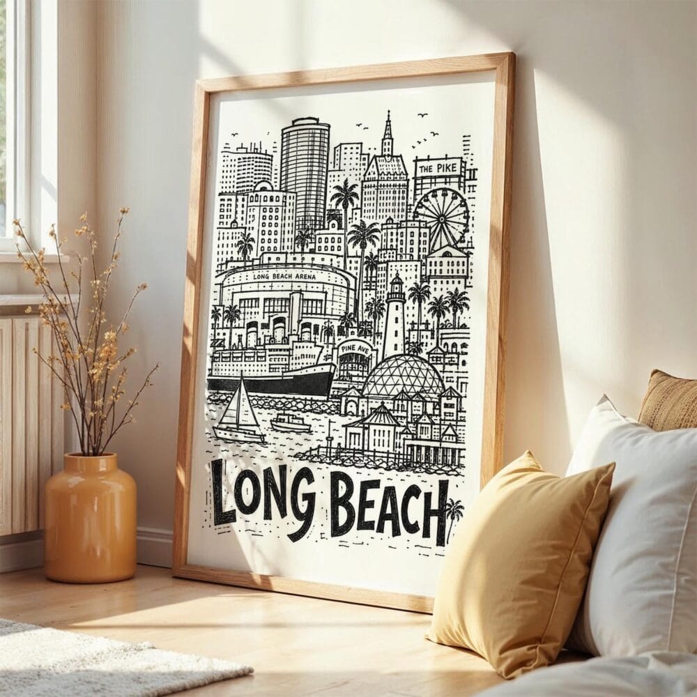 06 - Frame Long Beach City Art - Pencil Style art print leaning against wall on floor - Vertical.jpg 06 - Frame Long Beach City Art - Pencil Style art print leaning against wall on floor - Vertical.jpg