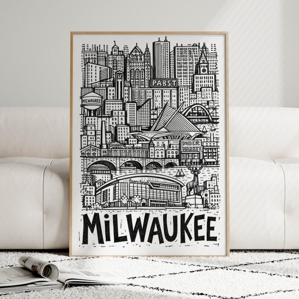06 - Framed Milwaukee City Art - Pencil Style Art Print leaning against couch - Vertical.jpg 06 - Framed Milwaukee City Art - Pencil Style Art Print leaning against couch - Vertical.jpg