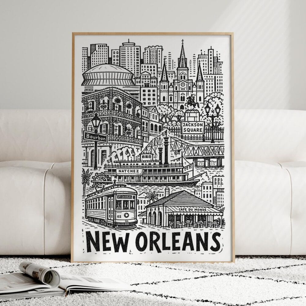 06 - Framed New Orleans City Art - Pencil Style Art Print leaning against couch - Vertical.jpg 06 - Framed New Orleans City Art - Pencil Style Art Print leaning against couch - Vertical.jpg