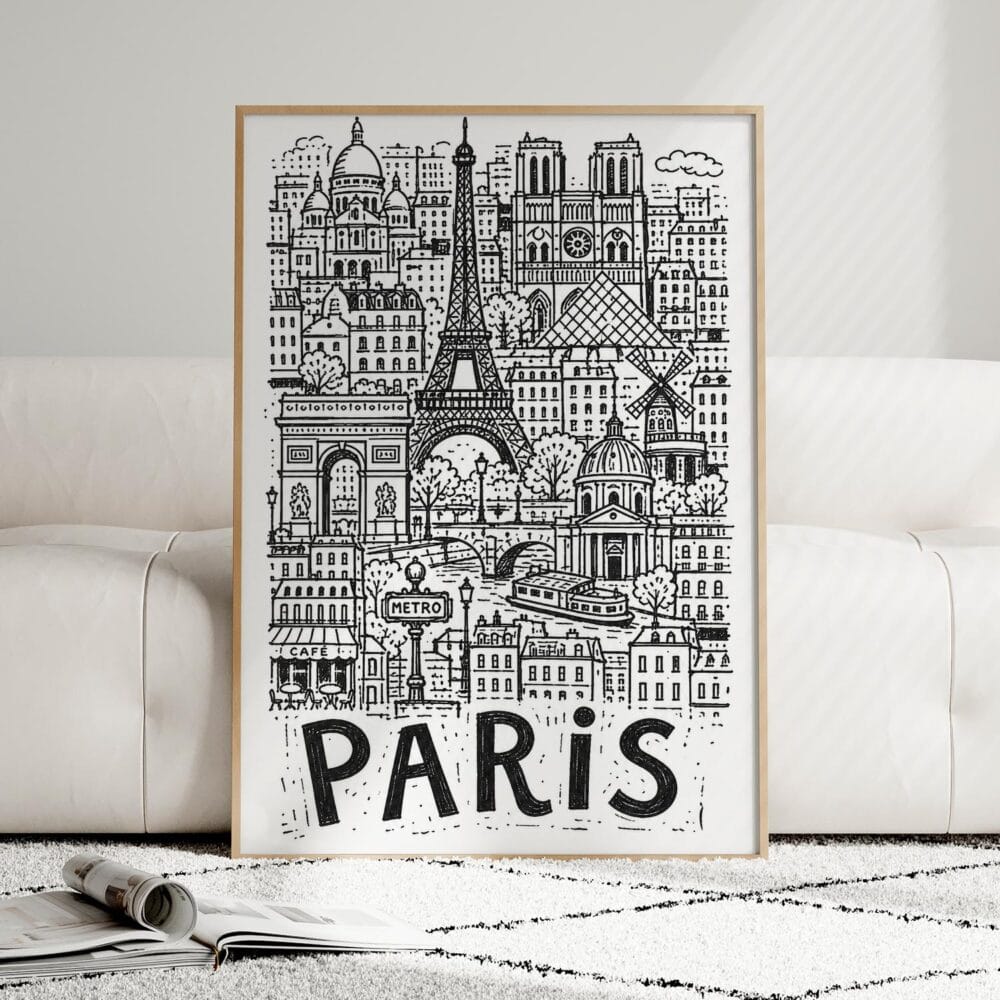 06 - Framed Paris City Art - Pencil Style Art Print leaning against couch - Vertical.jpg 06 - Framed Paris City Art - Pencil Style Art Print leaning against couch - Vertical.jpg