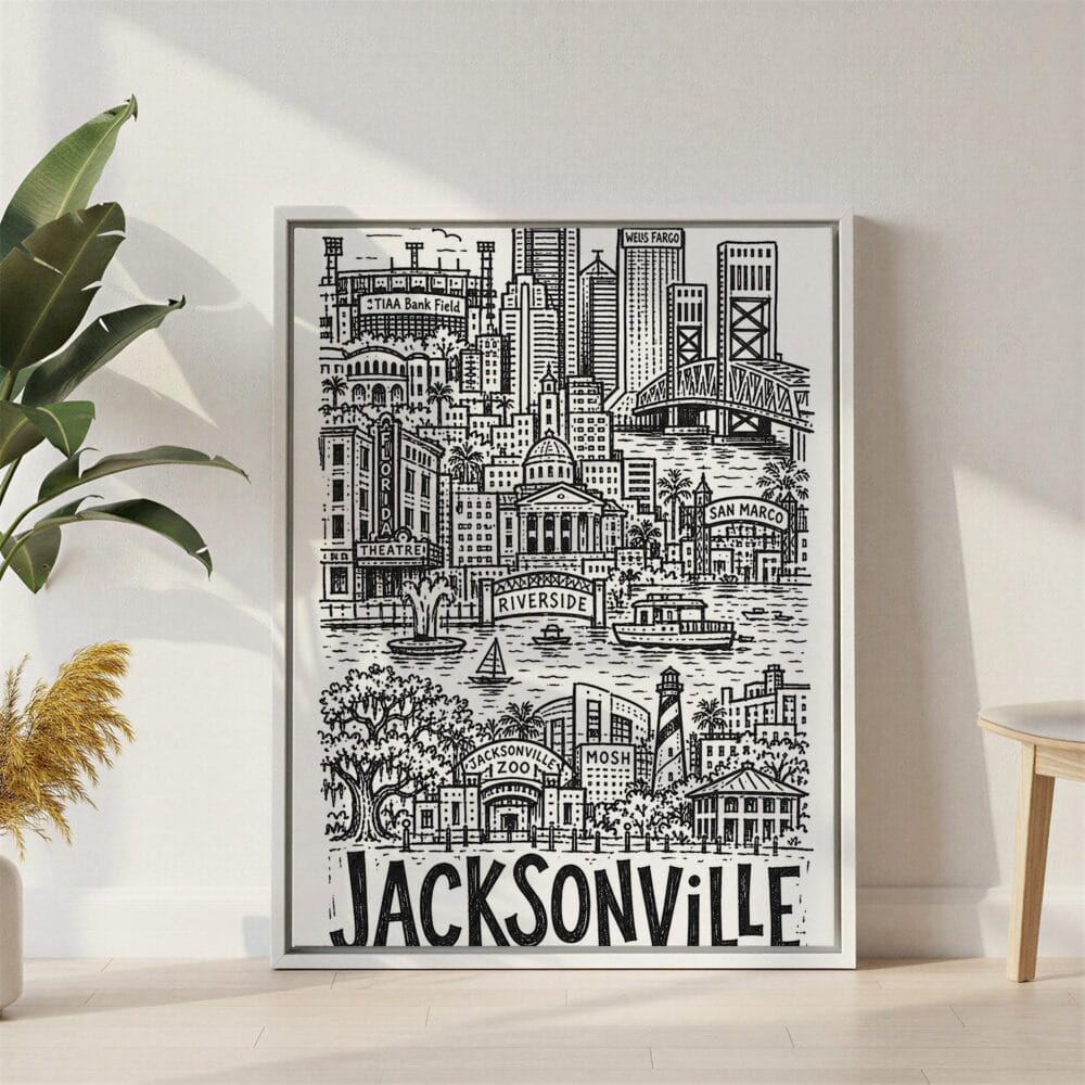 06 - Jacksonville City Art - Pencil Style Canvas Print with White Floater Frame - Standing on Floor - Vertical.jpg 06 - Jacksonville City Art - Pencil Style Canvas Print with White Floater Frame - Standing on Floor - Vertical.jpg
