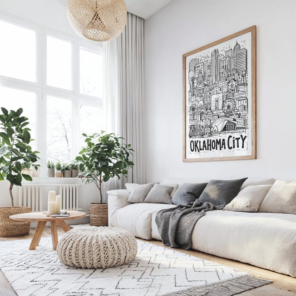 06 - Large Oklahoma City Art - Pencil Style Art Print with Wood Frame in Boho Living Room - Vertical.jpg 06 - Large Oklahoma City Art - Pencil Style Art Print with Wood Frame in Boho Living Room - Vertical.jpg