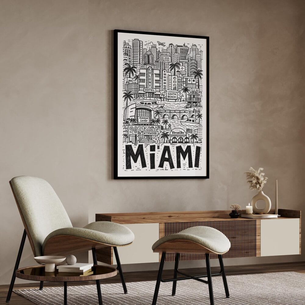 06 - Miami City Art - Pencil Style Art Print with Black Frame in Japandi Living Room - Vertical.jpg 06 - Miami City Art - Pencil Style Art Print with Black Frame in Japandi Living Room - Vertical.jpg