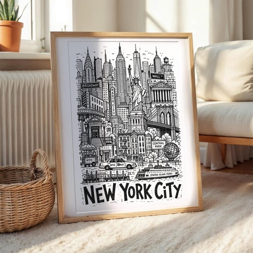 06 - New York City Art - Pencil Style Art Print with Natural Wood Frame on floor - Vertical.jpg 06 - New York City Art - Pencil Style Art Print with Natural Wood Frame on floor - Vertical.jpg