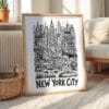 06 - New York City Art - Pencil Style Art Print with Natural Wood Frame on floor - Vertical.jpg