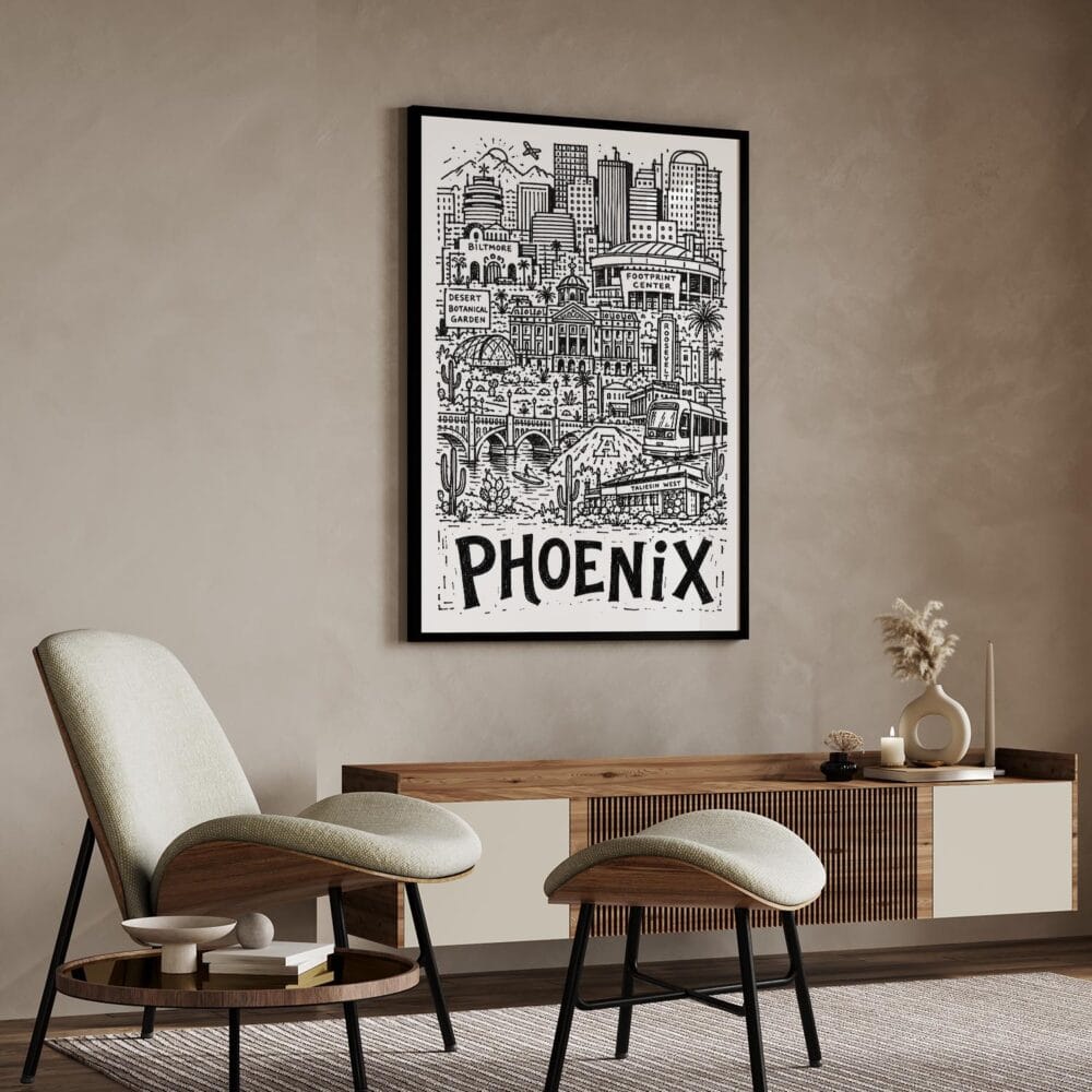 06 - Phoenix City Art - Pencil Style Art Print with Black Frame in Japandi Living Room - Vertical.jpg 06 - Phoenix City Art - Pencil Style Art Print with Black Frame in Japandi Living Room - Vertical.jpg